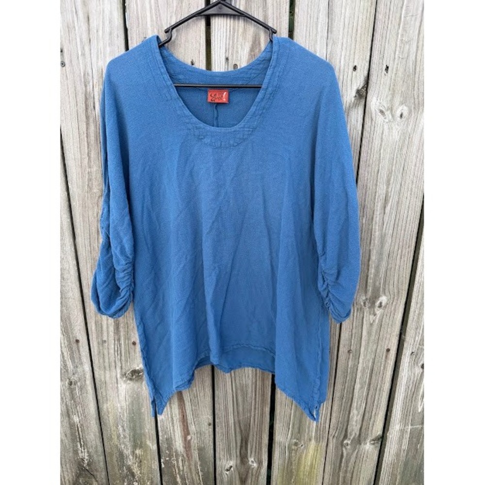 Lagenlook Boho Oh My Gauze! Tunic Top Size 2 Blue Asymmetrical Ruched Sleeve